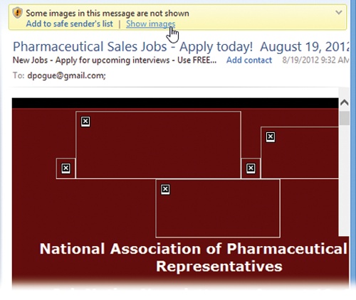 To view blocked images in a message, press F9, or click “Show images” in the yellow strip above the message. Or, to make Mail quit blocking pictures altogether, choose File→Options→Mail→Security; next, turn off “Block images and other external content in HTML messages.”
