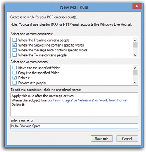 Building a message rule entails specifying which messages you want Mail to look for—and what to do with them. By adding the underlined words, as shown here, you specify what criteria you’re looking for. Here, any email with the words “Rolex,” “Refinance,” or “Viagra” in the subject line is automatically deleted.