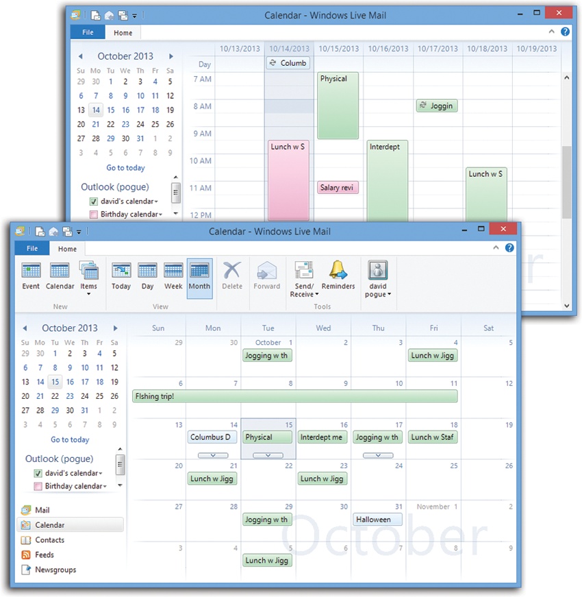 Top: Week view. The miniature navigation calendar provides an overview of adjacent months. You can jump to a different week or day by clicking the triangle buttons and then clicking within the numbers. If the event is recurring, it bears an icon that looks like two curly arrows chasing each other.Bottom: Month view. Pretty lame—you don’t see what time any appointment is at—but it’s something. You can make more room by hiding the navigation pane.