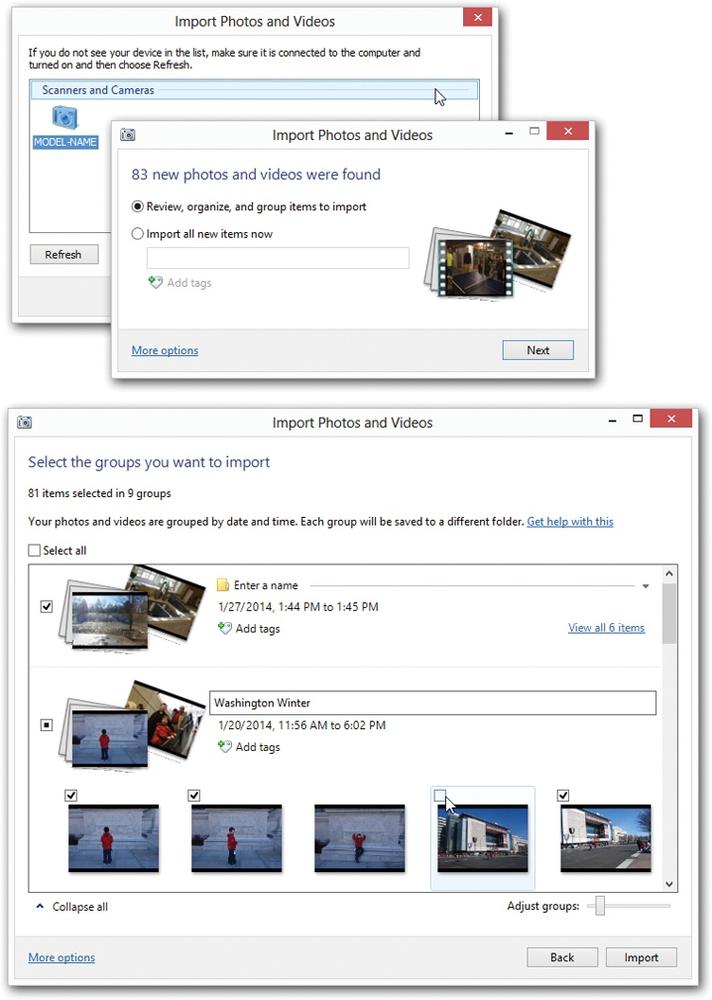 Top: Do you want to examine the various clumps of photos before importing them? Or do you want to just slurp them all in at once and organize them later?Bottom: In this box, you can break up the camera’s contents into batches by date. You can also apply tags (keywords) to each batch. Above all, you can turn each group’s checkbox on or off, thereby importing only certain ones.Out of the box, Photo Gallery starts a new group after every 30 minutes of no picture-taking. But the “Adjust groups” slider can make that interval greater—a couple of hours, a whole day, even a whole month—which results in fewer separate groups. You can even drag the slider all the way to the right for “All items in one group,” if you like.