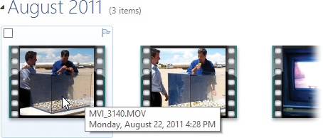 The first frame of each video clip shows up as though it’s a photo in your library. Your only clues that it’s a movie and not a photo are the film sprocket holes along the sides and the tooltip that identifies the movie’s running time. If you double-click one, it opens up and begins to play immediately.