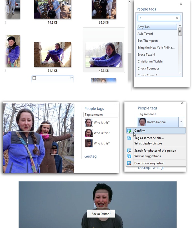 Work through your photos, either thumbnails (top) or opened pictures (bottom), identifying who’s in them. Photo Gallery has no trouble picking out faces in your pictures; it just needs you to tell it whose faces they are.Once you’ve done a few, the program seems to get the hang of it. It starts to guess who’s in the shot (middle); all you have to do is confirm the guess.