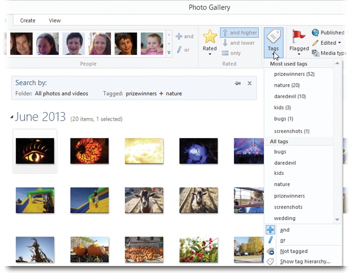 The key to finding photos based on tags is the Tags pop-up menu (on the Find tab of the Ribbon).It lets you find photos based on their tags, or combinations of tags (“and” and “or” are at the bottom), or no tags at all.“Show tag hierarchy” opens a small window that reveals your nested tags.