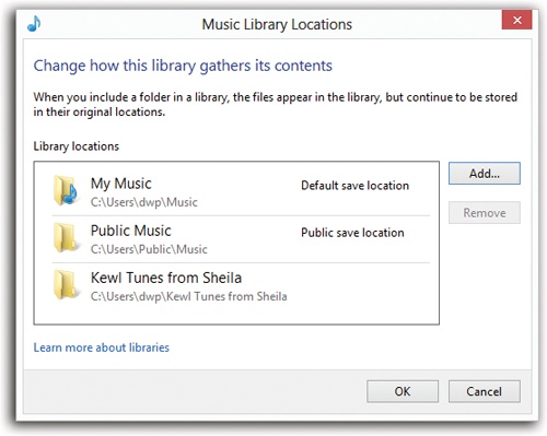 Here’s Monitored Folder Central. It lists the folders that Media Player monitors for the arrival of new music files. Click Add to add a new folder; click a folder and click Remove to stop monitoring it. Click OK.