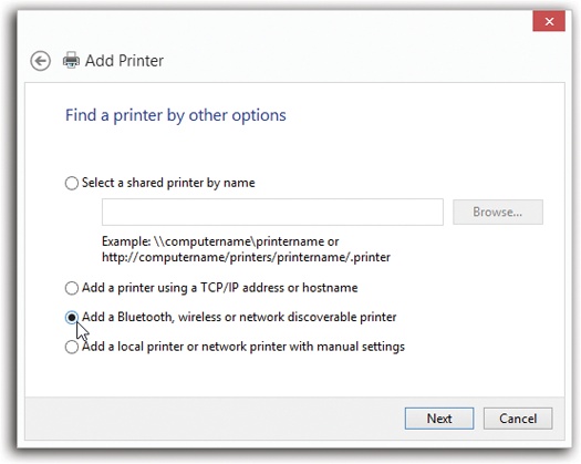 Use the Add Printer Wizard only if your printer doesn’t connect to your USB port, and only if Windows didn’t detect it automatically.From the Start screen, search for “advanced print”; click Settings, and then click “Advanced printer setup.” The wizard walks you through the setup procedure for Bluetooth, wireless, network, and other oddball printers.