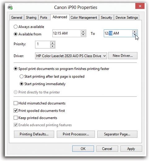 Right-click your printer’s icon in the Devices and Printers window. From the shortcut menu, choose Properties, and then click the Advanced tab, shown here. Select “Available from,” and use the time-setting controls to specify when your underlings are allowed to use this printer from across the network. Clicking OK renders the printer inoperable during off hours.