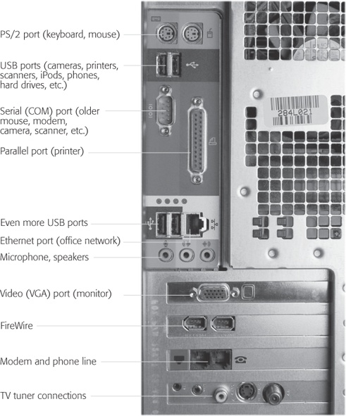 The back panel of a PC. Not every computer has every kind of jack—some of the ones shown here are rapidly disappearing, and occasionally a new type crops up.A few not shown on this older PC: Thunderbolt (for monitors and certain hard drives); HDMI (to connect a hi-def television); and DisplayPort (to connect monitors and projectors).