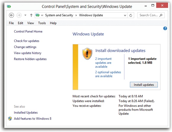 As with so many features in Windows 8, Windows Update has two faces—one at the desktop and one in TileWorld.Top: If there are any available updates, you can install them by clicking “Install updates.” To get details about an update, click its name, in blue, to open a details window.Bottom: The TileWorld version. It eventually leads you right back to the desktop version, though.