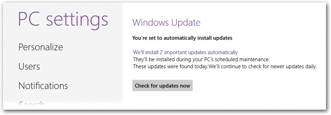 As with so many features in Windows 8, Windows Update has two faces—one at the desktop and one in TileWorld.Top: If there are any available updates, you can install them by clicking “Install updates.” To get details about an update, click its name, in blue, to open a details window.Bottom: The TileWorld version. It eventually leads you right back to the desktop version, though.