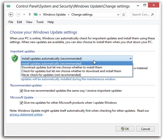 Windows’ auto-update feature can ask that you be notified either before the software patch is downloaded (third choice) or after it’s been downloaded and is ready to install (second choice). You can also permit the updates to be updated and then installed automatically, on a schedule you specify (top choice).