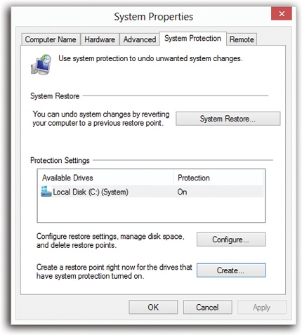 Here’s your command center for all System Restore functions. Its layout is, more or less, upside-down.For example, starting from the bottom of the box: Click the Create button to make a restore point right now, manually; click Configure to delete all restore points and limit disk space; click System Restore to perform the actual rewinding of your system.It probably goes without saying, but System Restore works only if the master System Protection switch is turned on. It’s hiding behind the Configure box shown here.