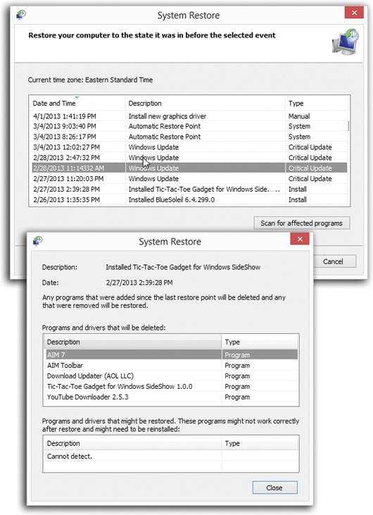 Top: You get to choose from a list of all the restore points Windows or you have made, anticipating just this moment. You’re shown the date and time of your most recent restore point, as well as why the restore point was created—for example, because you installed a new piece of software, or because you applied a Windows Update. That’s a clue as to which restore point you should use.Bottom: You can now see which programs will be affected by this system rewind.