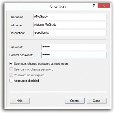 When you first create a new user, the “User must change password at next logon” checkbox is turned on. It’s telling you that no matter what password you make up when creating the account, your colleague will be asked to make up a new one the first time he logs in. This way, you can assign a simple password (or no password at all) to all new accounts, but your underlings will still be free to devise passwords of their own choosing, and the accounts won’t go unprotected.