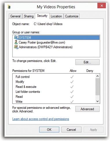 The Security tab of an NTFS folder’s Properties dialog box. If you have any aspirations to be a Windows power user, get used to this dialog box. You’re going to see it a lot, because almost every icon on a Windows system—files, folders, disks, printers—has a Security tab like this one.