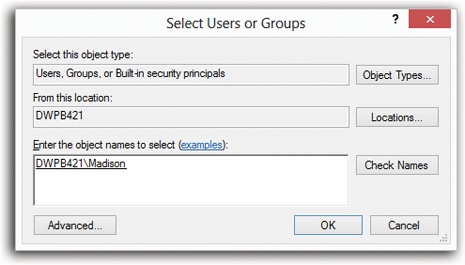 Type the names of the people or groups in the “Enter the object names to select” box at the bottom, trying not to feel depersonalized by Microsoft’s reference to you as an “object.” If you’re adding more than one name, separate them with semicolons. Because remembering exact spellings can be iffy, click Check Names to confirm that these are indeed legitimate account holders. Finally, click OK to insert them into the list on the Security tab.