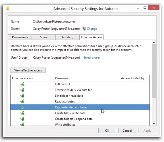 The Effective Permissions tab for an NTFS folder. Note that you can’t turn these checkboxes on or off; this is a read-only screen that tells you what permissions the selected user or group has for the file or folder. You can’t modify the permissions here. You can’t tell from this display how these effective permissions have been calculated, either (that is, where the permissions have been inherited from).