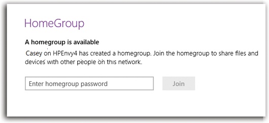 On the second PC, a dialog box may pop up automatically, announcing that a HomeGroup has just been discovered. If not, you can open HomeGroup in PC Settings; this is what you’ll see there.