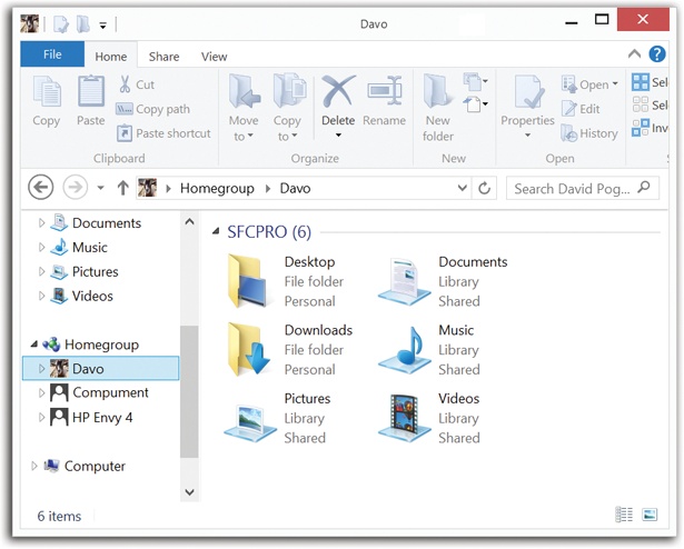 Sitting at PC #1, any Explorer window lets you work with the contents of all the other PCs’ libraries. Just expand the Homegroup triangle at the left side of any Explorer window. There they are: individual listings for each account on each PC.You can click the Homegroup heading and see icons for each account holder/PC, or you can open the flippy triangles in the navigation pane.In general, you can’t change or delete their stuff; this is a “look, don’t touch” situation.