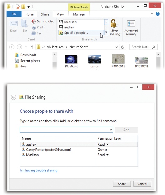 Top: The Ribbon offers insta-sharing with any individual. Or, if you want more than one person to get in on the fun, choose “Specific people” to open…Bottom: …this box.Use the pop-up menu at the top to choose an account holder’s name. Or type it out, if you prefer.After each name, click Add. Then use the Permission Level pop-up menu to specify either Read (“look but don’t touch”) or Read/Write (“you can edit and even delete stuff”) permissions. Click Share when you’re finished.