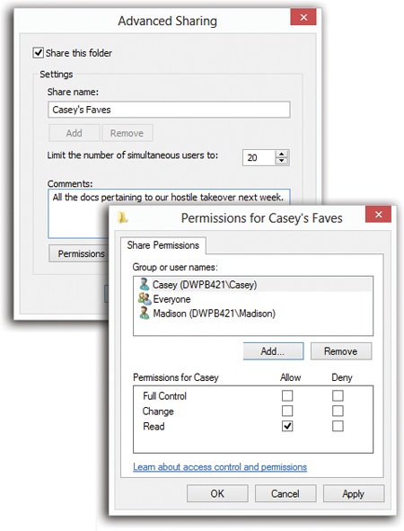 Top: Much finer-tuned sharing features are available in this more advanced box.Bottom: For example, you can specify personalized permissions for different individuals.