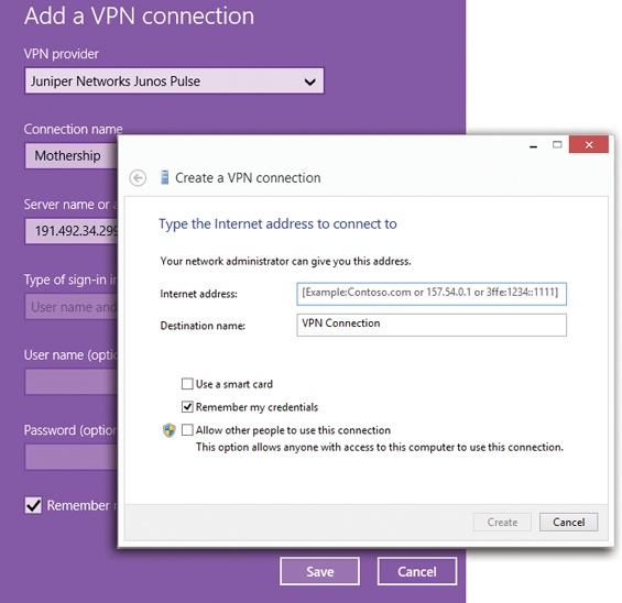 Here’s where you set up your VPN connection, whether you began your adventure in TileWorld (left) or the desktop (right).You get more options in the desktop version. For example, “Use a smart card” is relevant only if some network administrator has given you a security card to use every time you connect to the Corporation.“Allow other people to use this connection” means “other account holders on this machine.”All three of the checkboxes here are, in the end, security features.