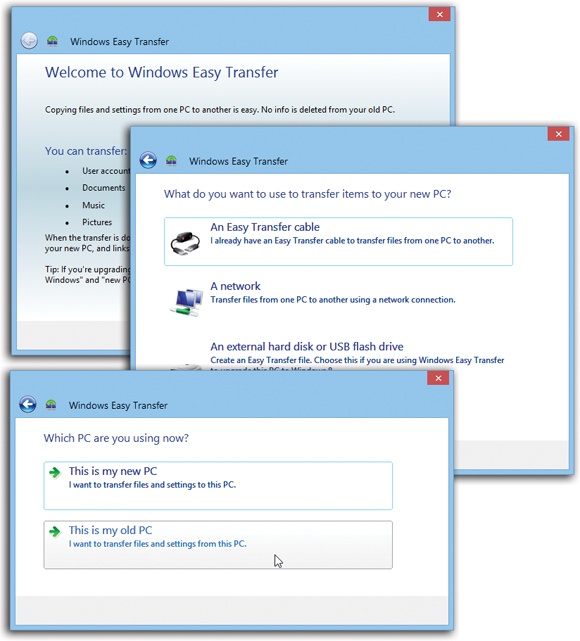 Top: Windows Easy Transfer can be a sanity-saving convenience.Middle: It lets you transfer all your files and settings across a network or transfer cable or onto a disk. (The Easy Transfer Cable mentioned here is a modified USB cable sold online for $40, or one may even have come with your new PC.)Bottom: After you’ve installed Windows 8.1 or bought a new Windows 8.1 computer, you can reinstate all your old files and settings using the same wizard. Just locate the folder it saved originally.