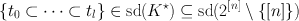 
$$\{{t}_{0} \subset \cdots \subset {t}_{l}\} \in \mathrm{sd}({K}^{\star }) \subseteq \mathrm{sd}({2}^{[n]} \setminus \{ [n]\})$$
