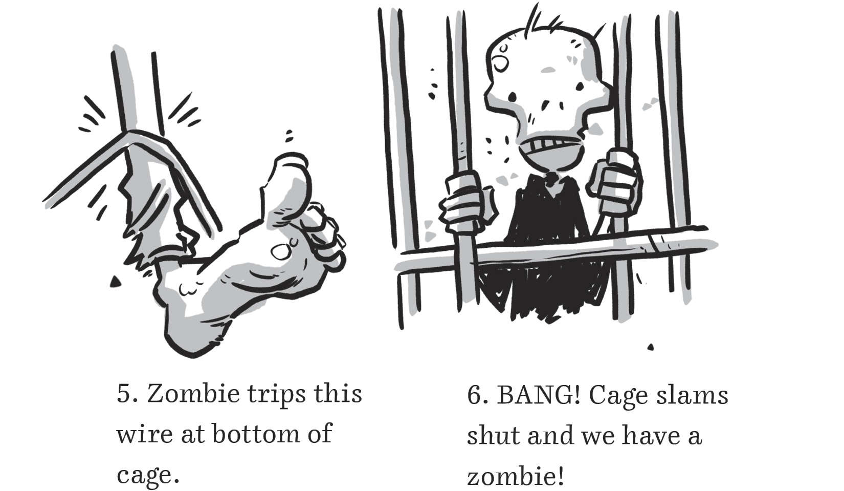     5. Zombie trips this wire at bottom of cage.      6. BANG! Cage slams shut and we have a zombie!  