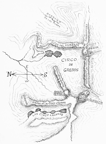 SKETCH-MAP OF THE NUCLÉO CENTRAL OF GRÉDOS (A. Alto del Casquerázo. B. Riscos del Fraile, with the Hermanitos in front.)