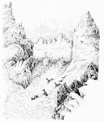 A CHAMOIS DRIVE—PICOS DE EUROPA Diagram illustrative of text. Our positions on arête marked (1) and (2); “Cathedral” on right. Valley beyond full of driving mist (passing our power to depict).