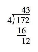 Long division problem showing 172/4=43