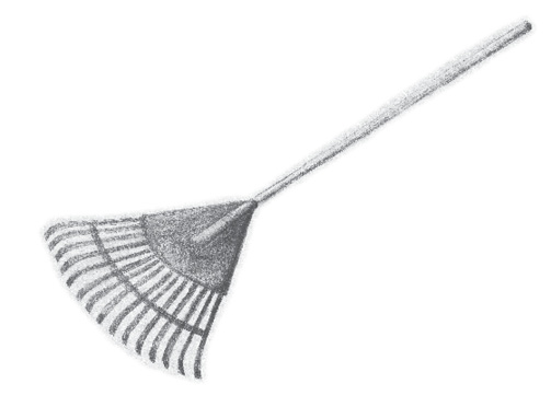 A drawing of a metal rake with a wood handle.