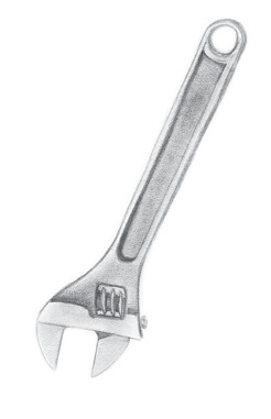 A drawing of an adjustable metal wrench.