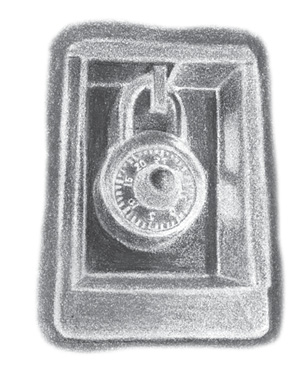 A drawing of a dial-combination lock looped through the handle of a locker door.