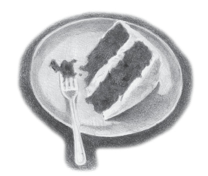 A drawing of a slice of cake. A piece of that slice has been scooped onto a fork, which is resting on the edge of the plate, near the slice.