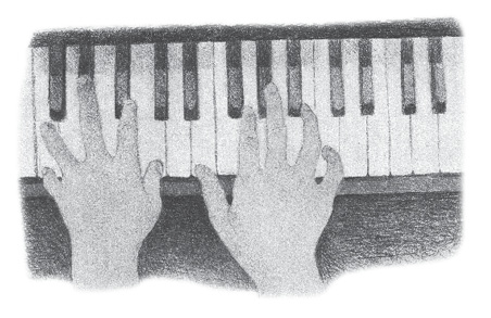 A drawing of two hands playing on a piano keyboard.