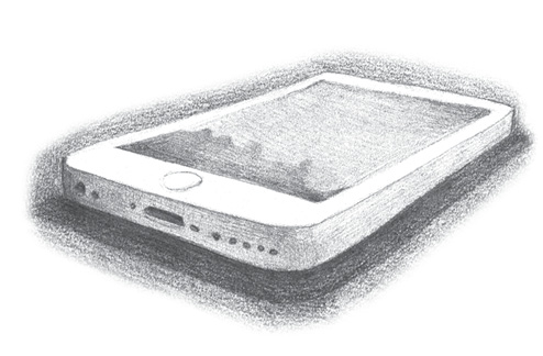 A drawing of a smartphone with a rectangular screen. There is a round button below the screen on the face of the phone.