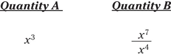 Mathematical representation of quantity A with exponent 3 and quantity B with exponent 7 and base 4.