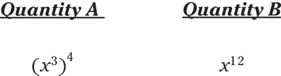 Mathematical representation of example of multiplying the exponents with quantity A with base x and exponent 3 to the power 4 and quantity B with base value 12.