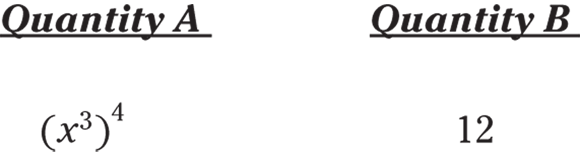 Mathematical representation of solution of multiplying the exponents with quantity A with base x and exponent 3 to the power 4 and quantity B with base value 12.