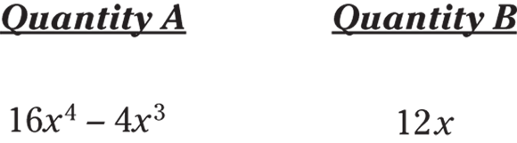 Mathematical representation of quantity A with base 16x and exponent 4 minus base 4x and exponent 3 and quantity B with base 12x.