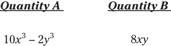 Mathematical representation of quantity A with base 10x and exponent 3 minus base 2x and exponent 3 and quantity B with base 8xy.