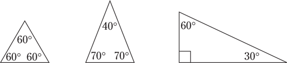 Graphical representation of three triangles in which the first triangle has 60 degree on each side. The second triangle has 40 degree on the top of the triangle and the remaining two sides angles are 70 degree. The third triangle is a right triangle in which the top angle is 60 degree and the angle of other side is 30 degree.