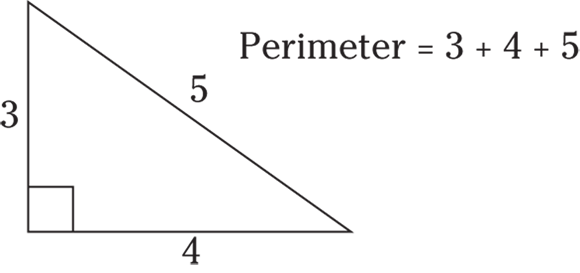 Geometrical representation of right triangle which has the lengths 3, 4,  and 5  respectively. Perimeter is the sum of the lengths.