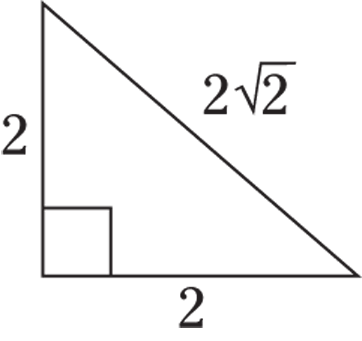 Geometrical representation of an isosceles triangle in which both the base and height are 2 and the hypotenuse length is 2 square root 2.