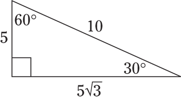 Geometrical representation of a right triangle in which the other two angles are 60 degree and 30 degree. The length of hypotenuse is given as 10, the base as 5, and the height as 5.