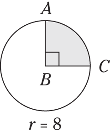 Geometrical representation of a central angle in which a circle's center point is noted as B. The point B is connected to a point C on the edge of the circle. A line is drawn perpendicular to the line BC which meets at an edge of the circle and that point is noted as A. Angle ABC area is shaded. The distance between B and C are given as 8 which means the radius r is equal to 8.