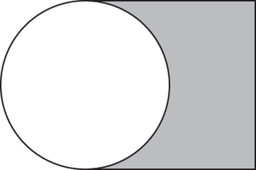 Geometrical representation of a square which is overlapped exactly half by a circle. The balance portion of the square is shaded.