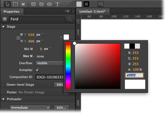 Animate presents the same color picker whether you are choosing the color for the stage, text, or a drawn object. The selected color shows in the lower-right corner. You can dial in your color by eye or type in a color spec.