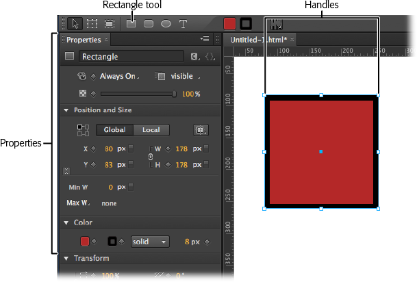 After you create a rectangle, you can change its shape and size by dragging the handles. When a rectangle is selected, its properties appear (where else?) in the Properties panel.